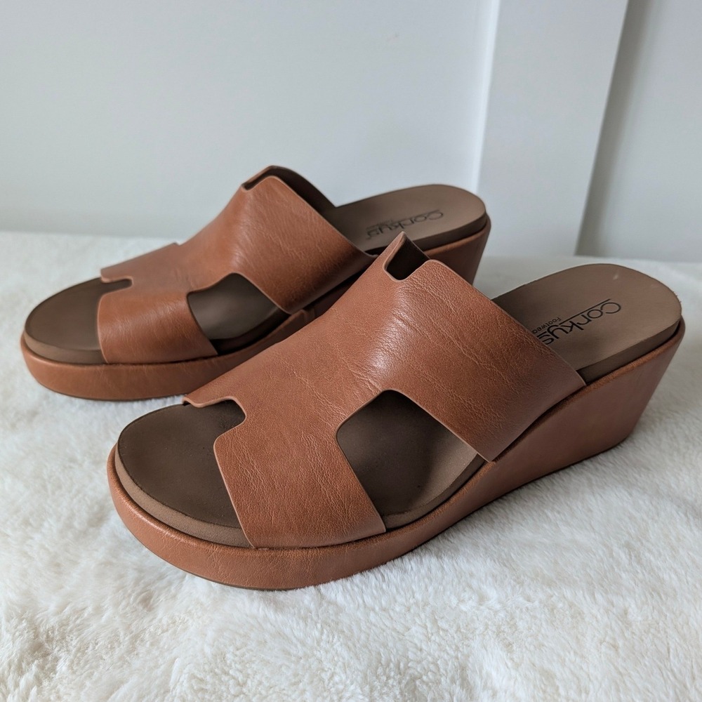 Corkys Pucker Up Cognac Brown Wedge Sandals H-Strap Platform Slides Womens 11